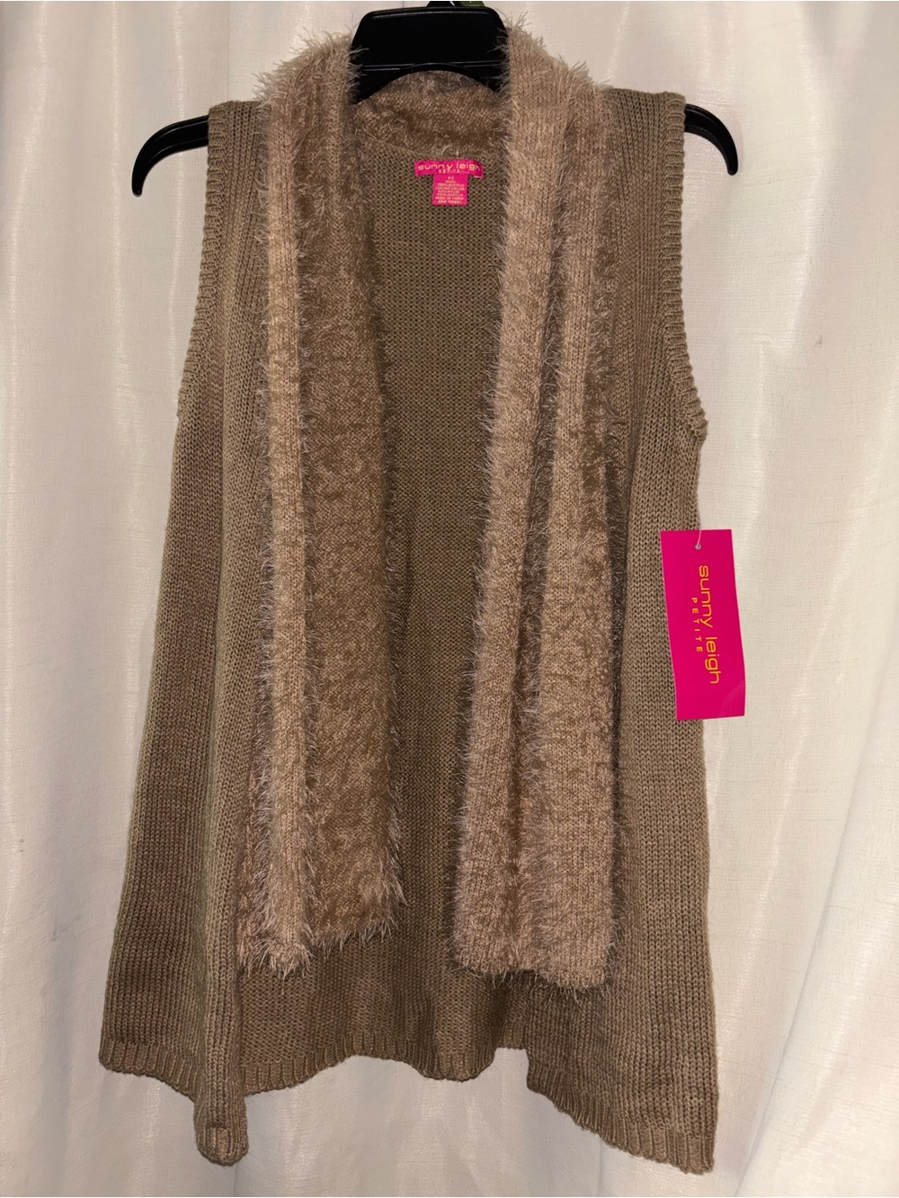 brown Sunny Leigh sweater vest fuzzy faux fur trim open front Size S